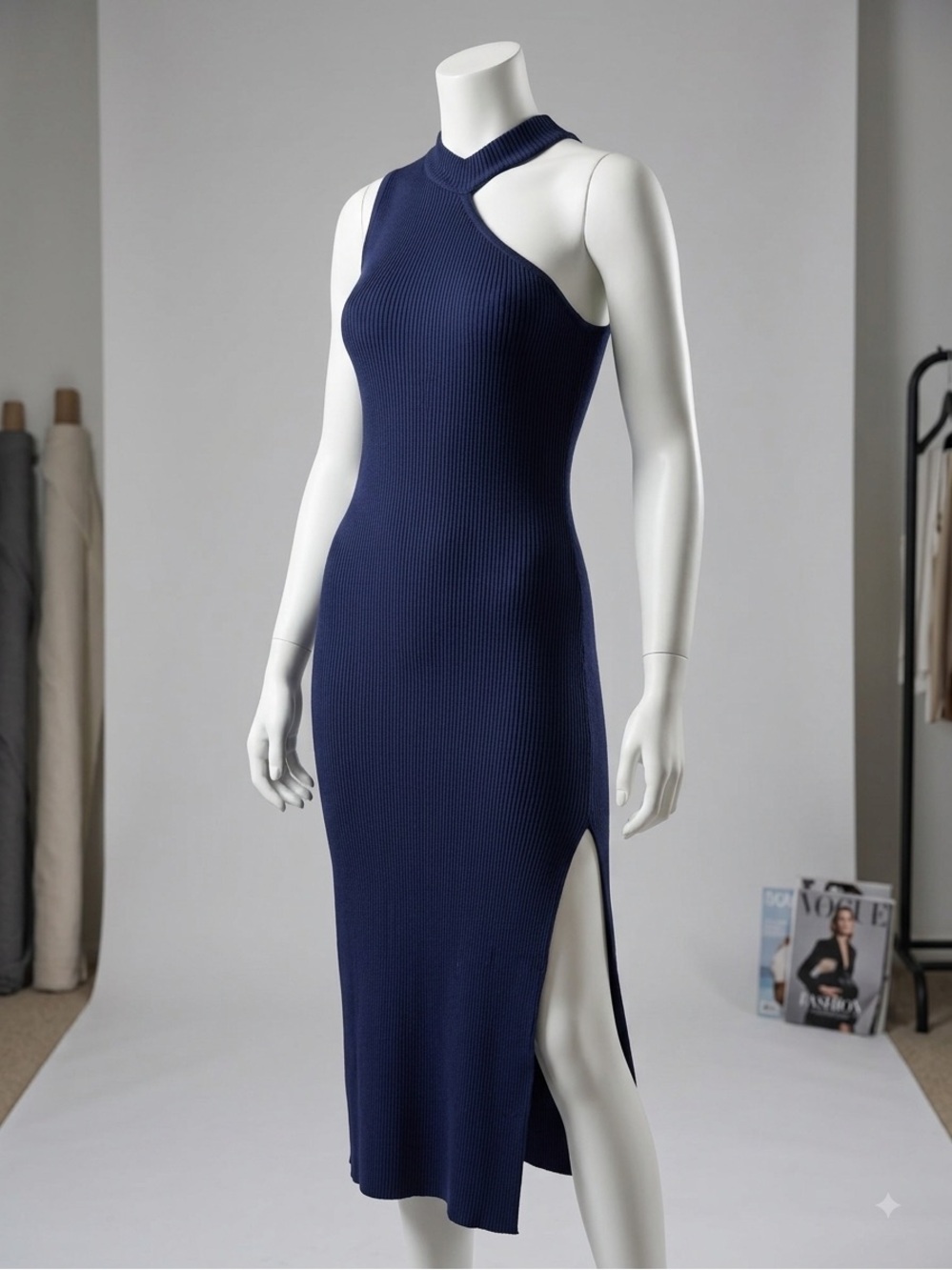 Medium Manning Cartell Sleeveless Asymmetric Navy Ribbed sweater Dress repaired